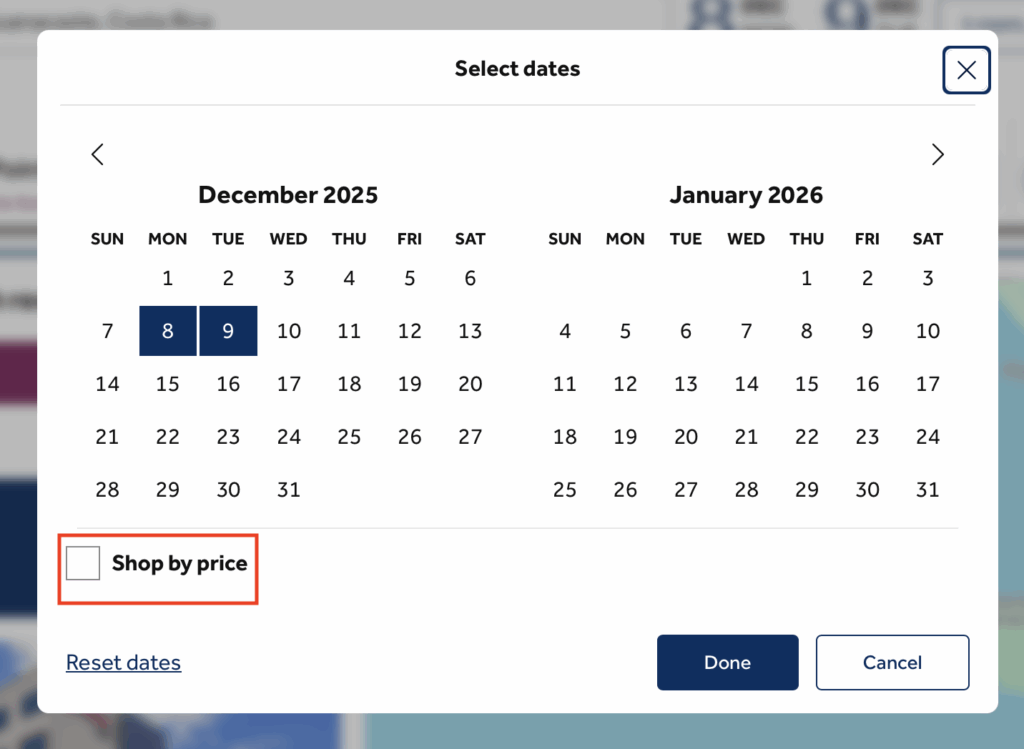 Select your dates in on the Hilton search page to find the Hilton points calendar